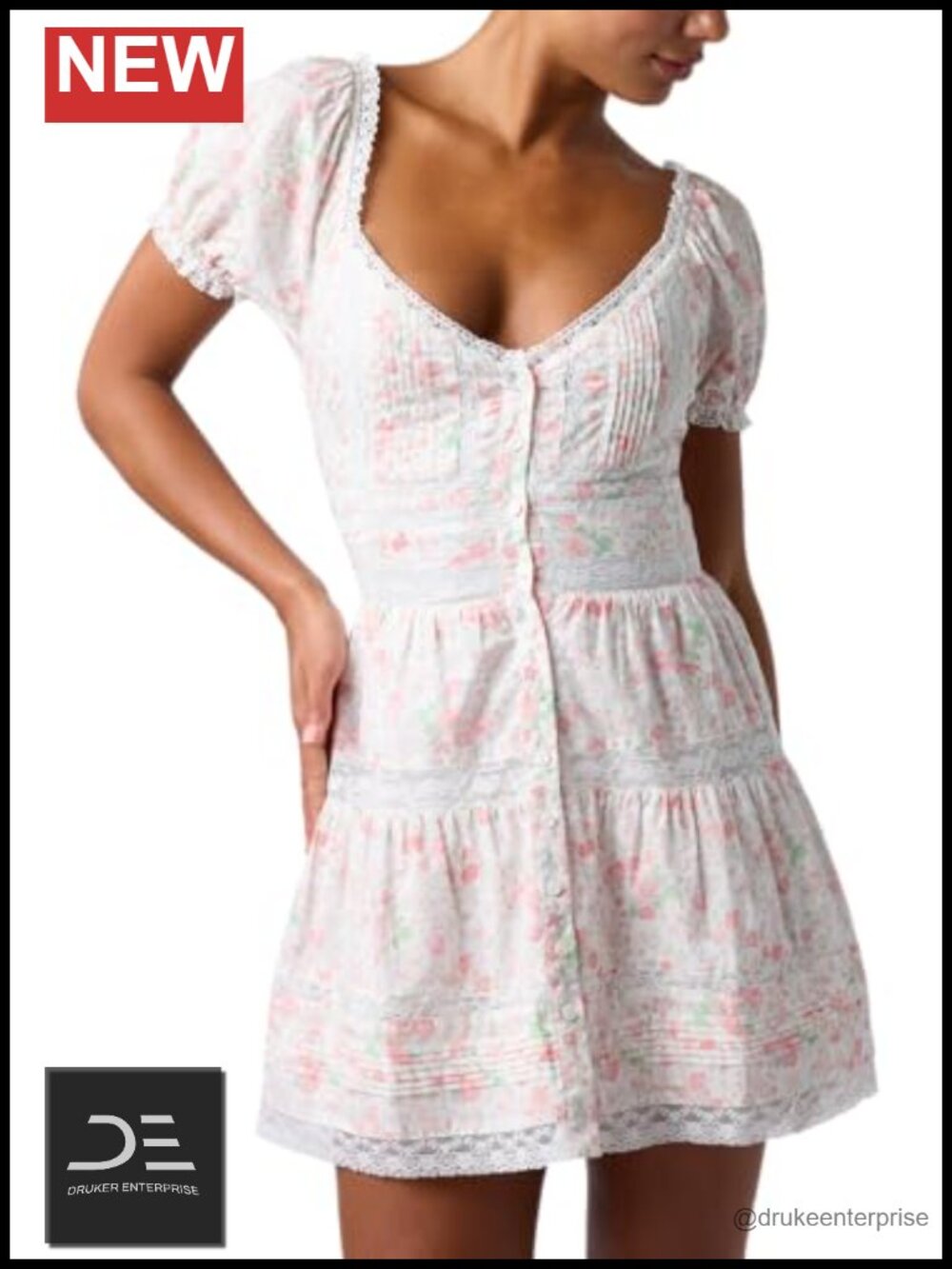 Puff Sleeve Lace Trim Floral Print Casual Mini Dress